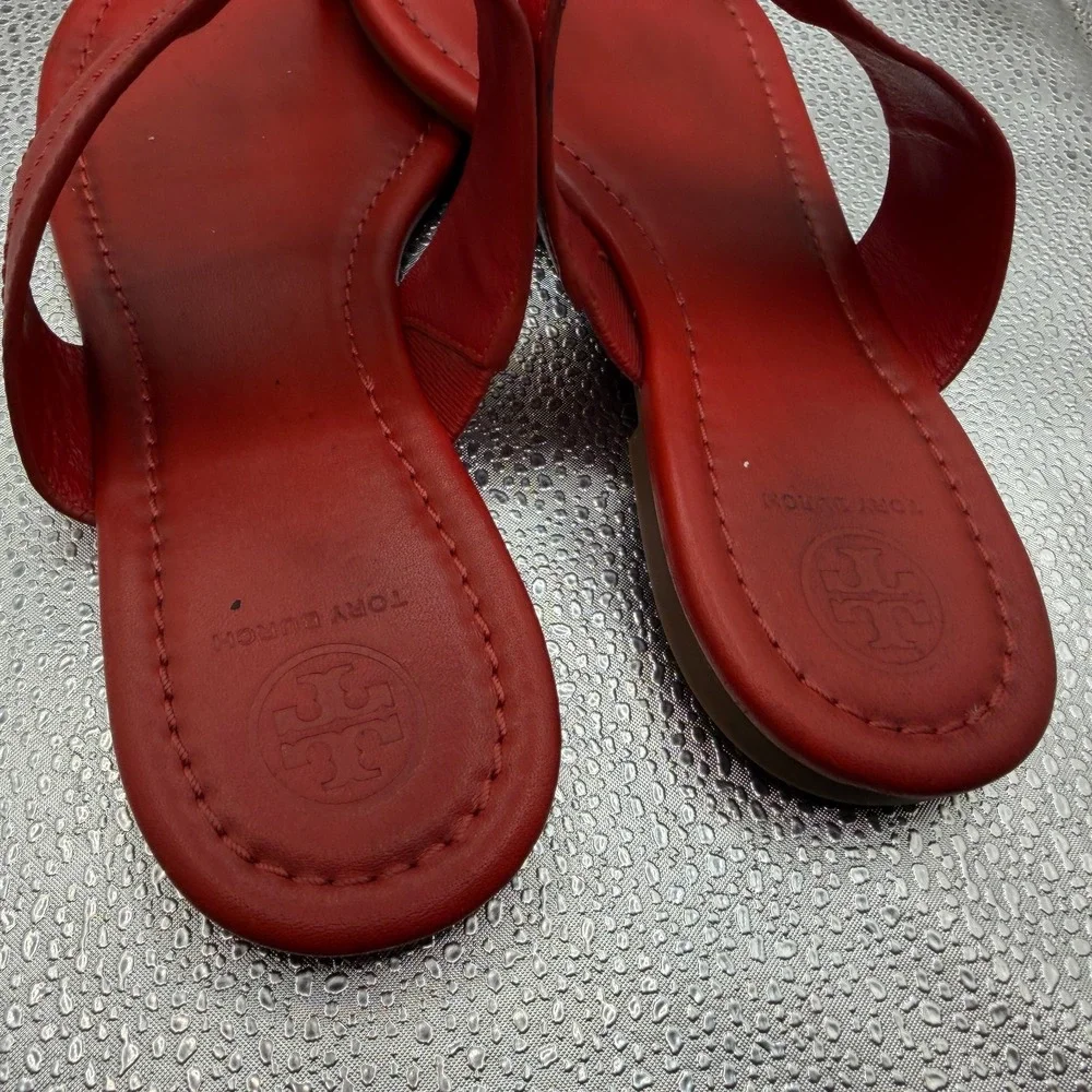 Size 8 Tory Burch Everly Womens Brilliant Red Leather Backless Flat Thong Sandal